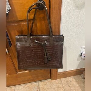 Bueno Shiny Brown Croc-Embossed Tote